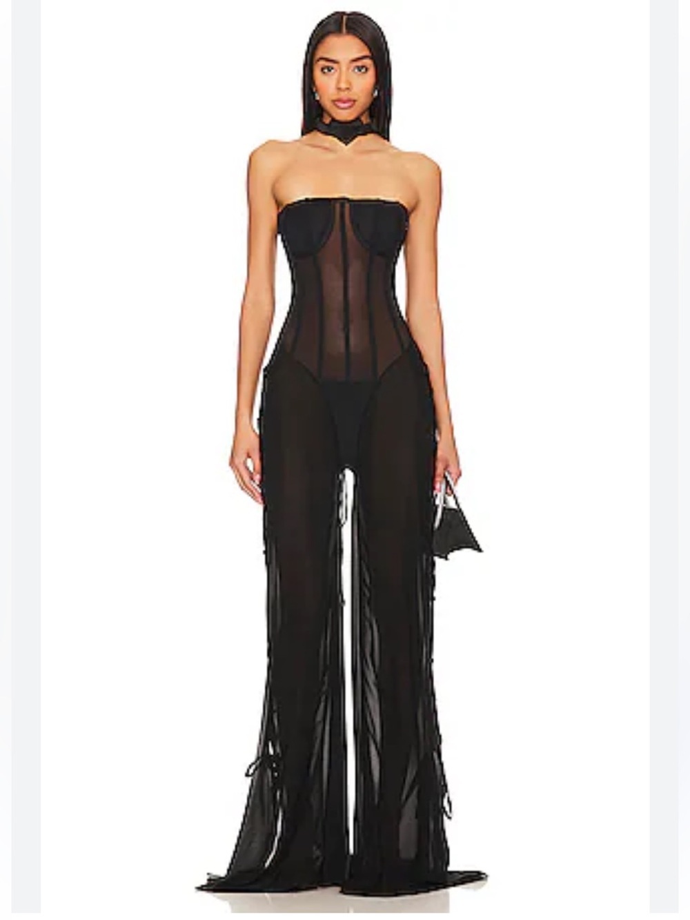 Amor Mia S&M black jumpsuit Lace-Up corset chiffon one piece Revolve M